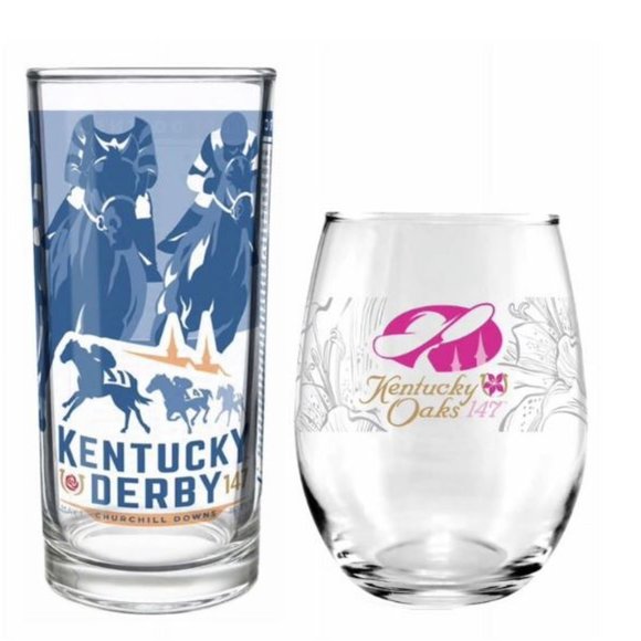 147th Kentucky Derby Mint Julep Glass & Kentucky Oaks Lily Wine Glass Set New - Picture 1 of 3